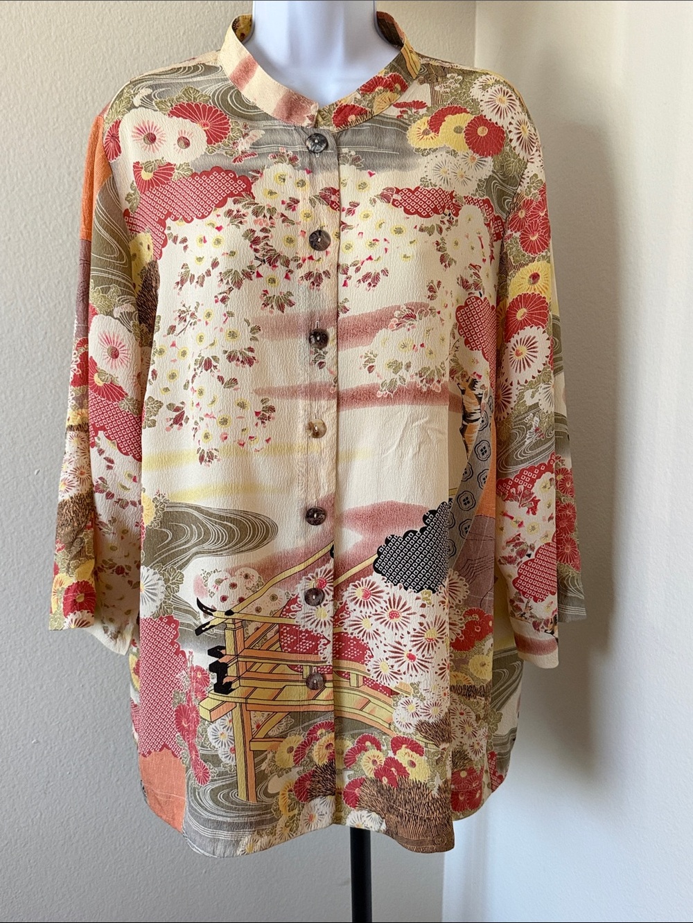 Citron Floral Button-Front Tunic in Cream, Coral & Yellow Accents
